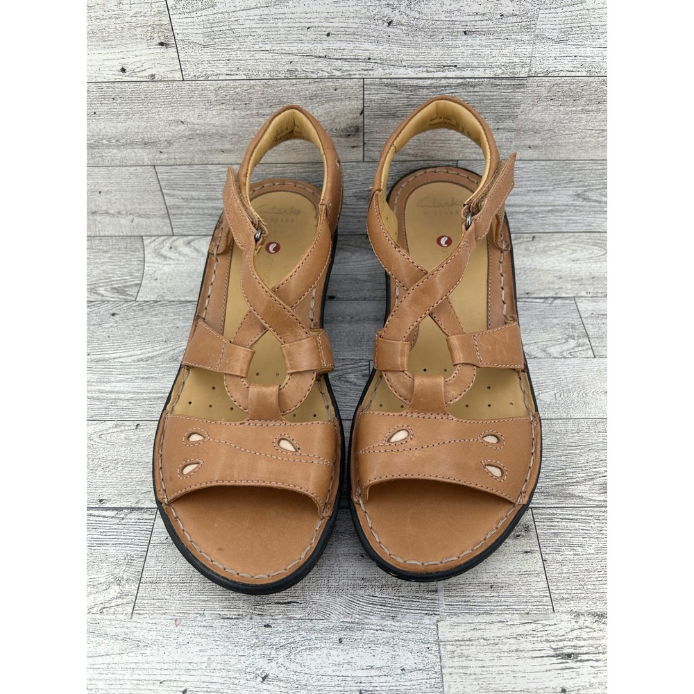 Clarks Artisan Unstructured Tan Leather Wedge Sandals‎ Women Size 8M Brown